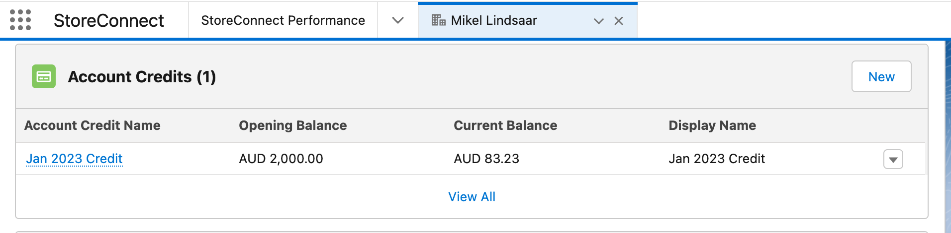 Salesforce account record Account Credits list