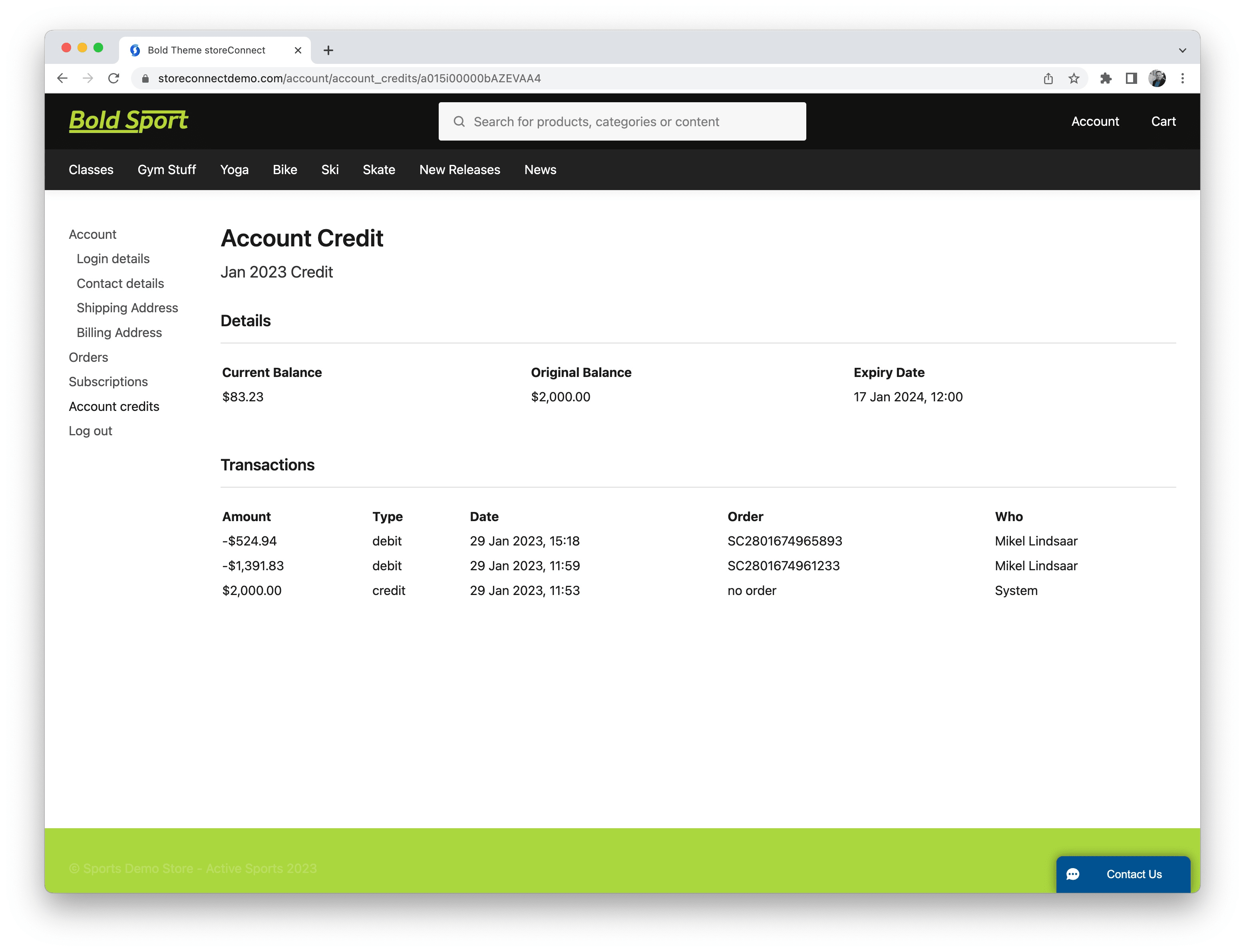 Transaction list to show how account credits have been used and who used them