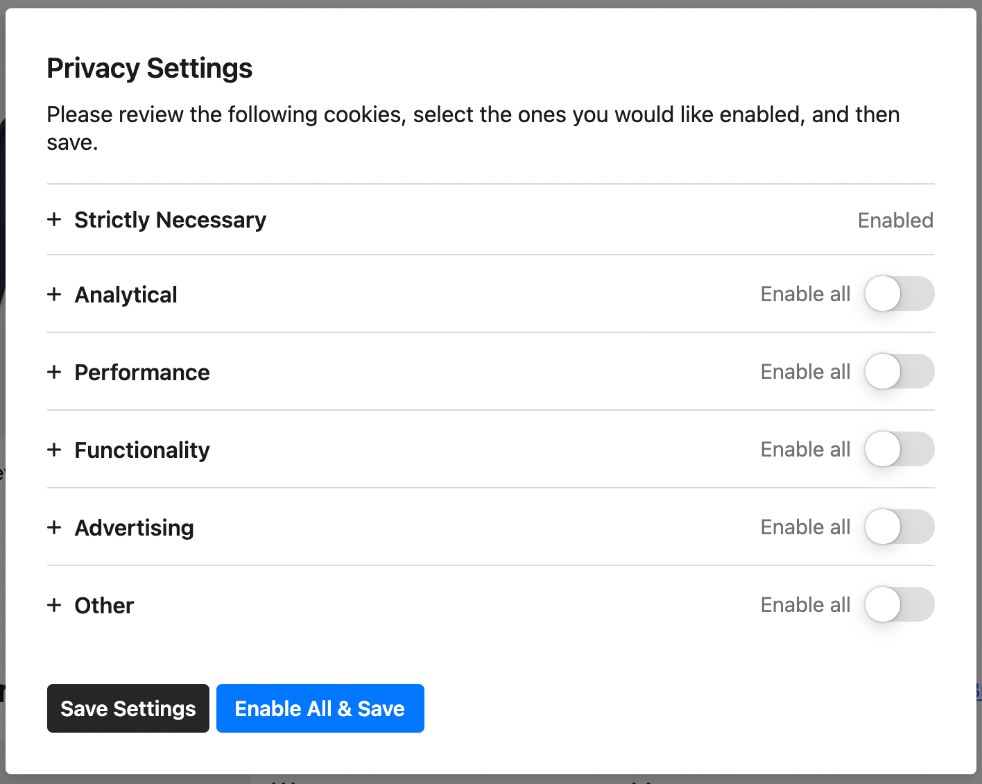 Sample Settings Screen Collapsed