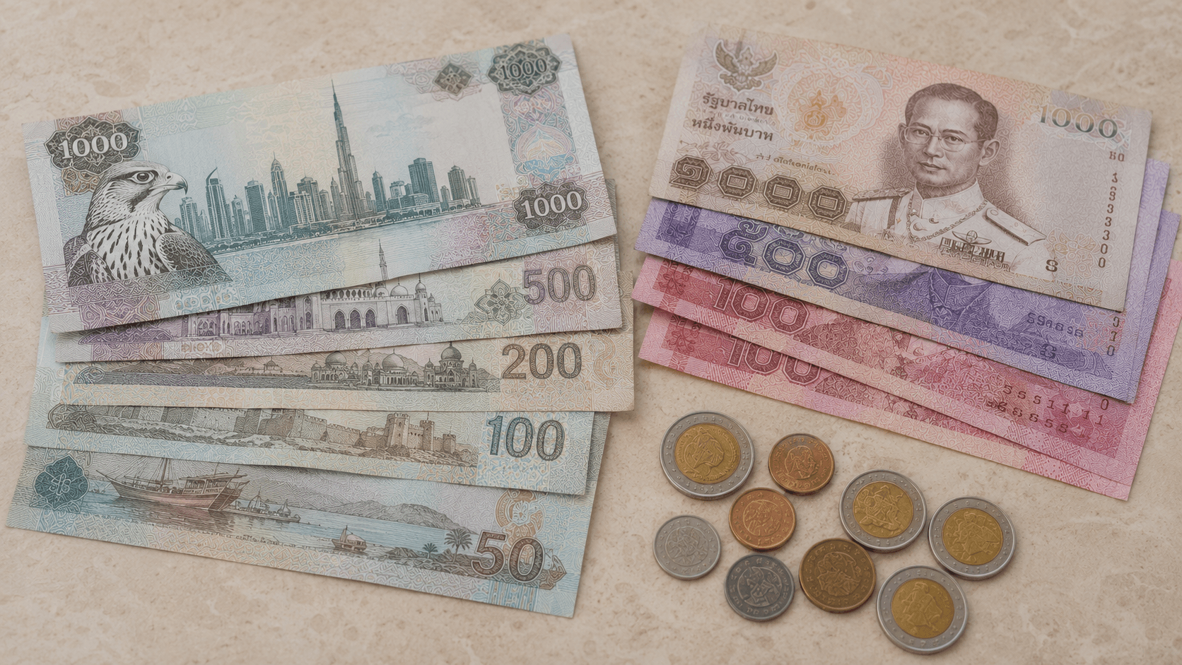 UAE dirham banknotes next to Thai baht banknotes, currency exchange