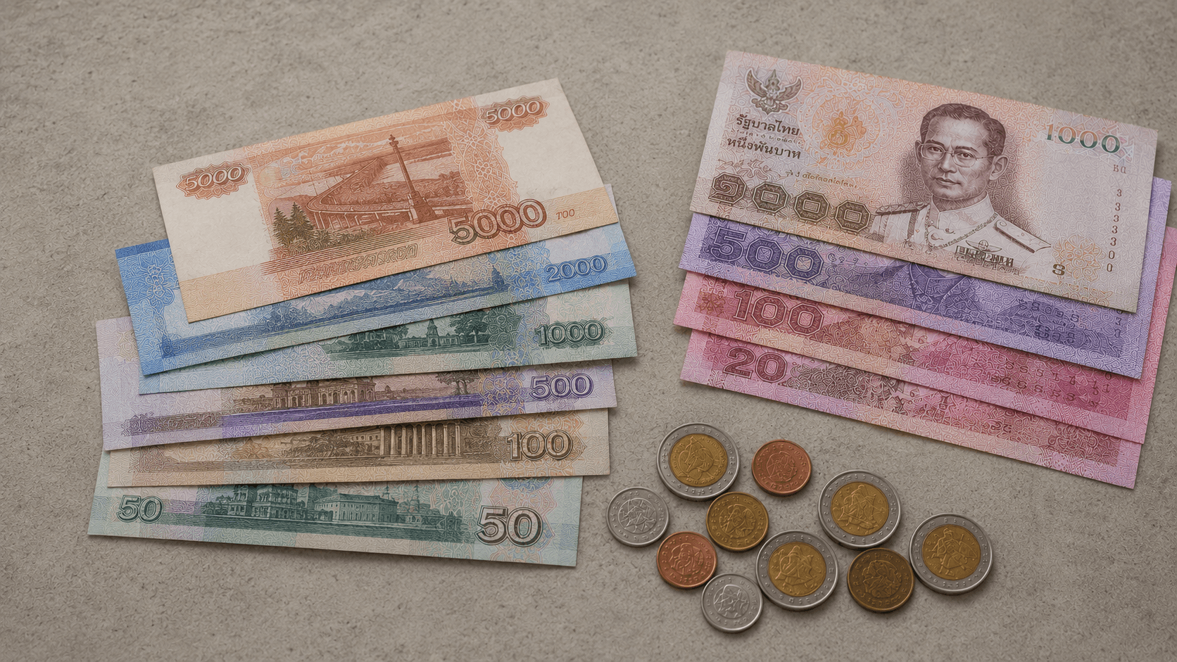 Russian ruble banknotes next to Thai baht banknotes, currency exchange