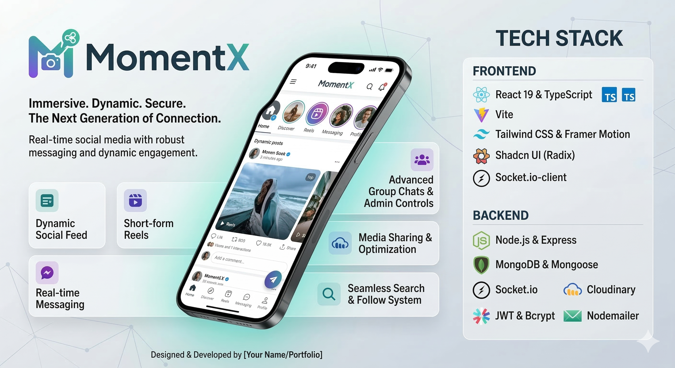 MomentX - Modern Social Media Platform — React 19, TypeScript, Node.js project by Parth Sata