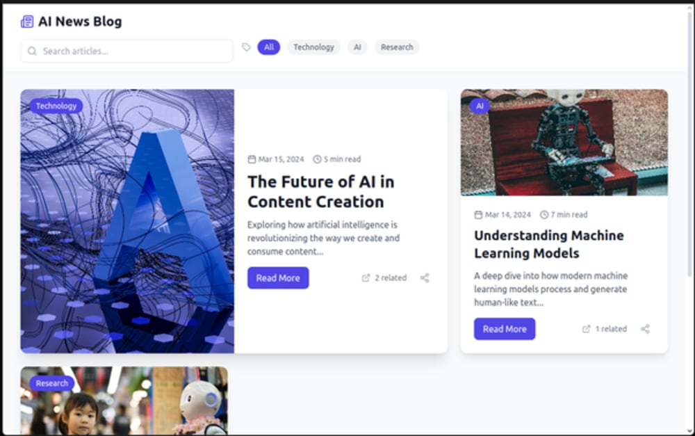 Bloggy AI news blog generator project preview