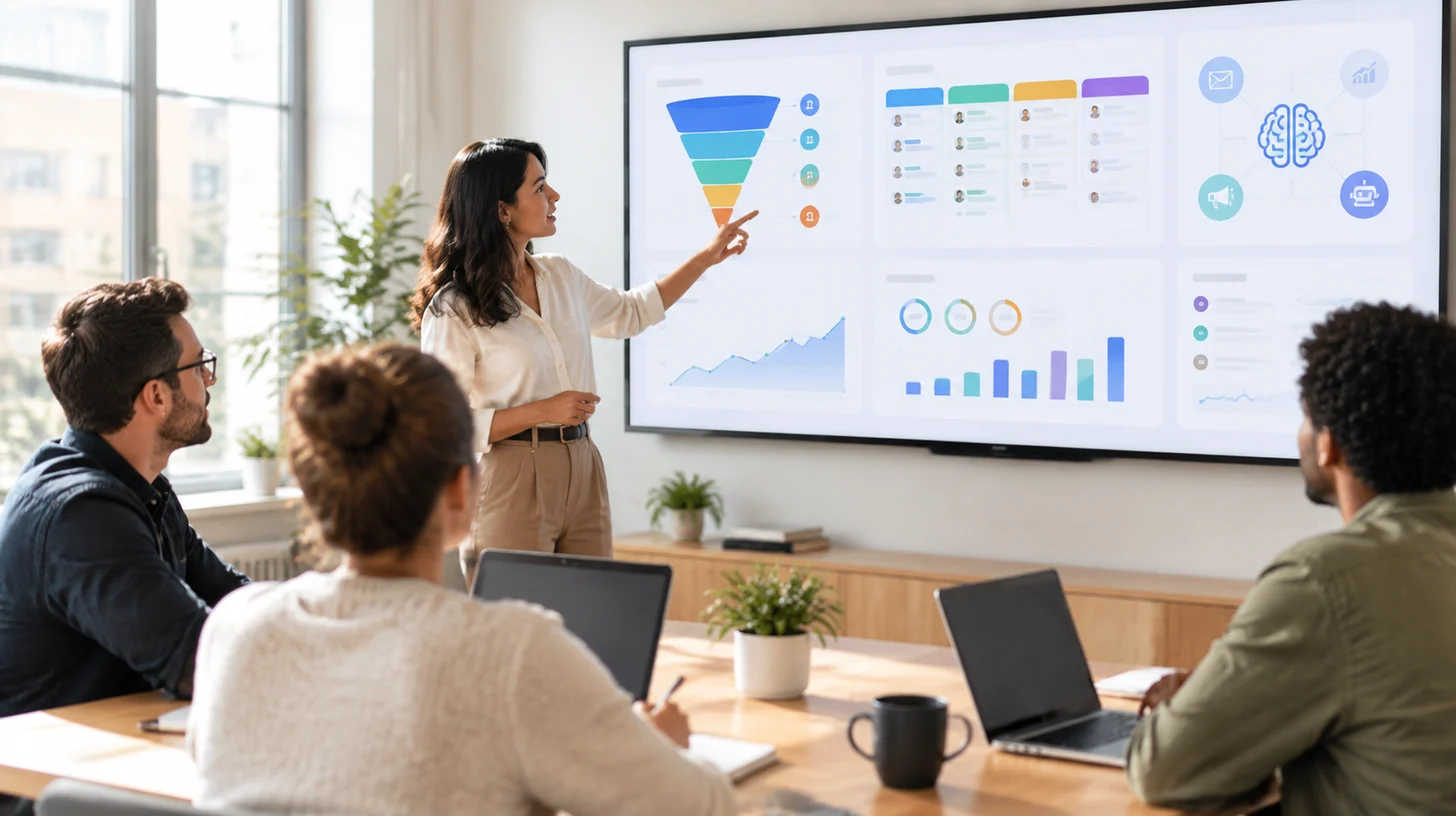 Team reviewing an AI-powered marketing automation dashboard showing CRM pipelines and funnels