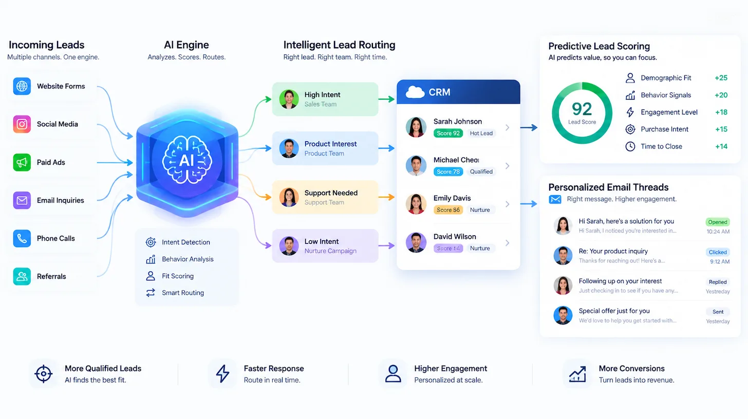 AI routing leads into CRM with predictive scoring