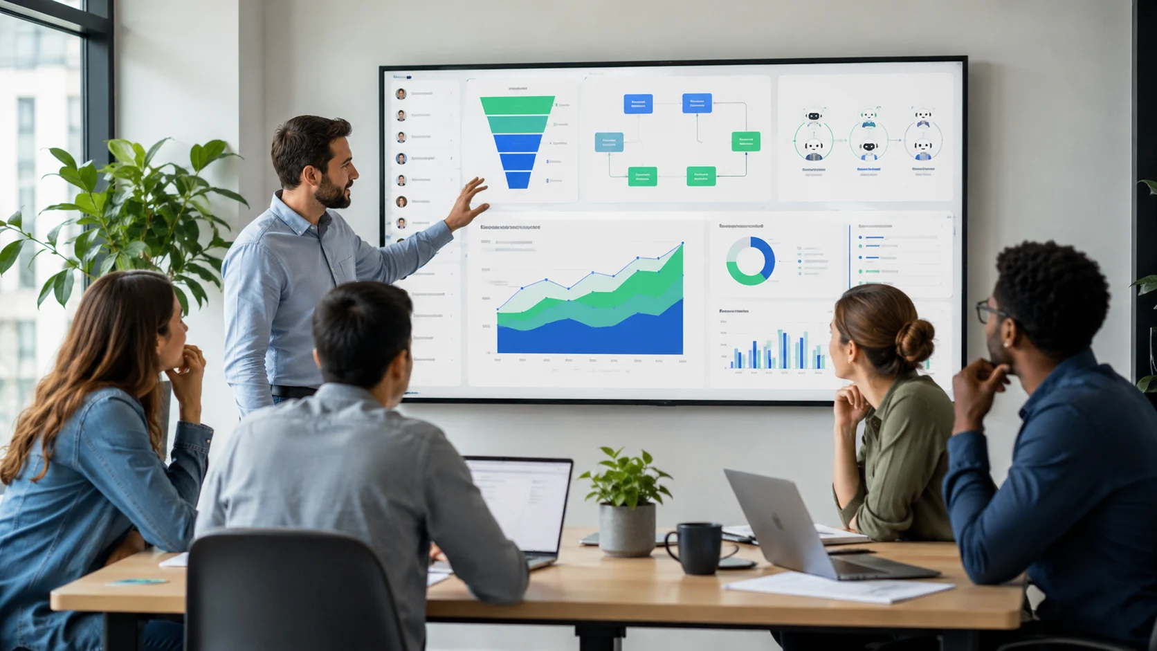 AI CRM dashboard on a laptop showing marketing automation flows