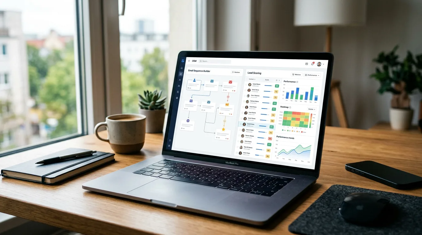 A modern workspace showing a laptop with an AI driven CRM dashboard, email sequences and lead scoring visuals on screen, natural soft lighting, 16 9, no text in image