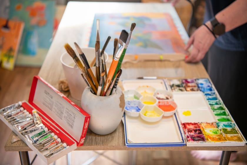 Watercolour and brushes at the studio