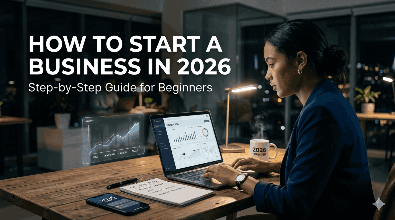 Person learning how to start a business in 2026 while working on a laptop at a home desk