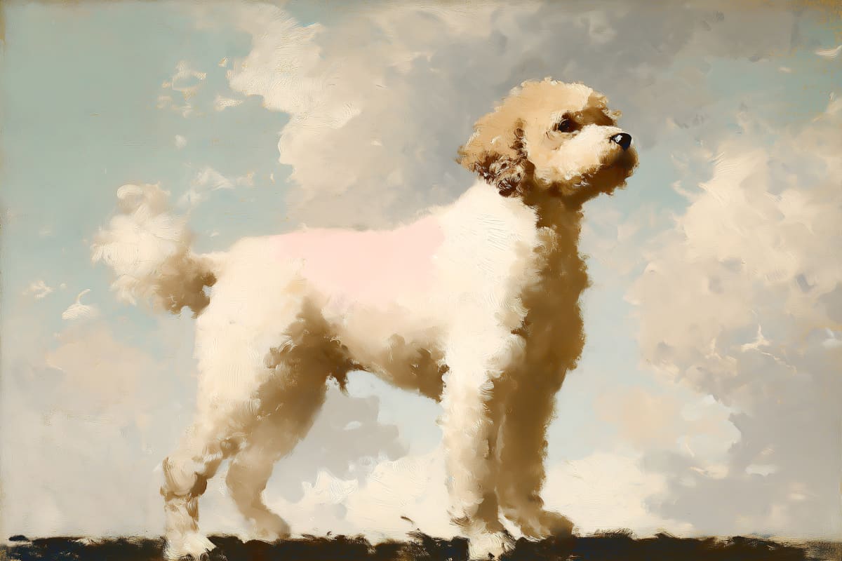 Poodle in Pastoral Reverie - A luminous white poodle stands noble and alert against an expansive sky in this impressionistic masterwork.