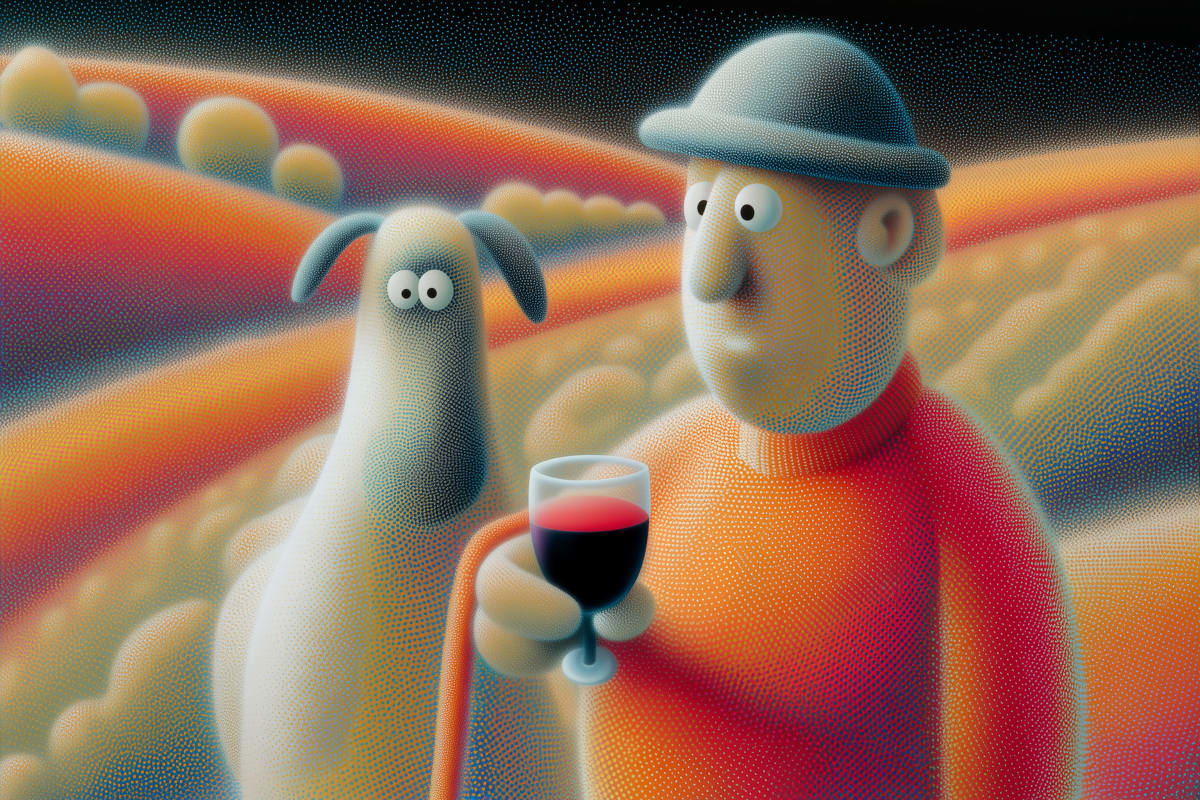 Pastoral Companions at Twilight - A whimsical claymation-style scene featuring a farmer and his loyal dog sharing a contemplative moment over wine against a dreamlike, undulating landscape of warm sunset colors.