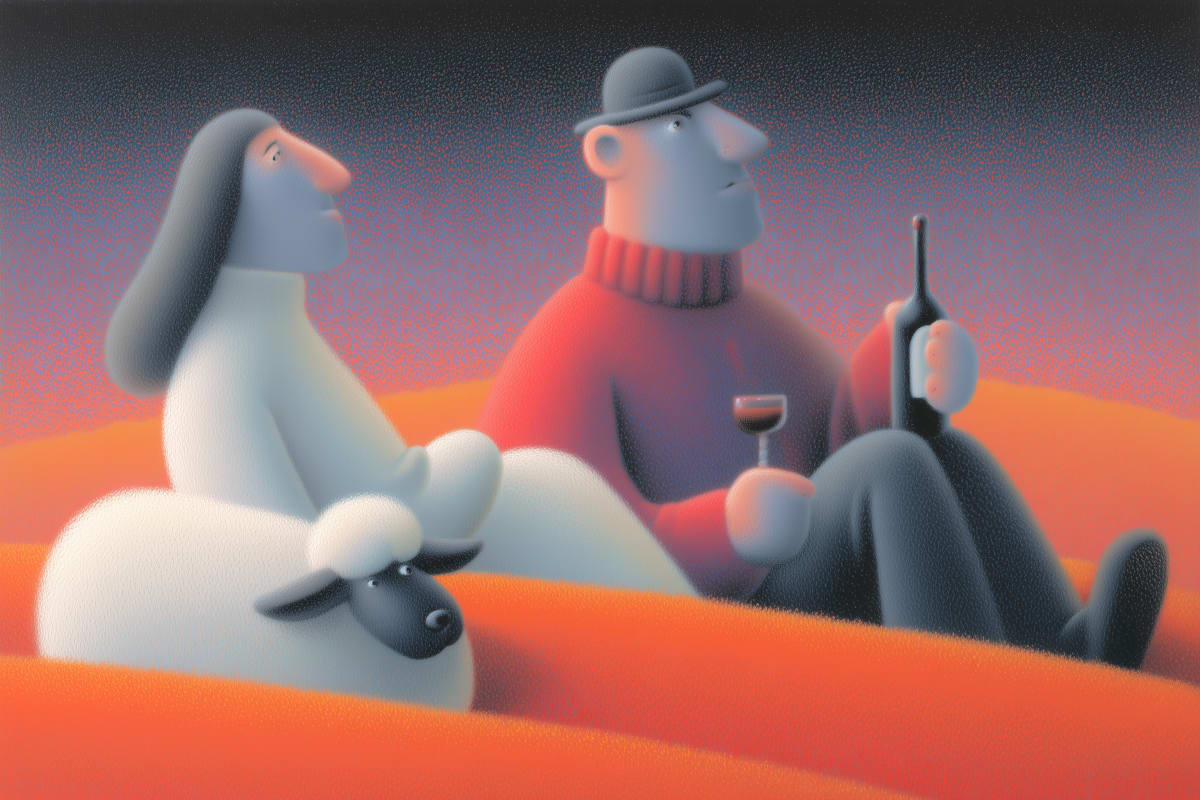 Evening Wine on Distant Shores - Two contemplative figures share a quiet moment with wine against a surreal sunset landscape of rolling orange hills and a pink-hued sky.