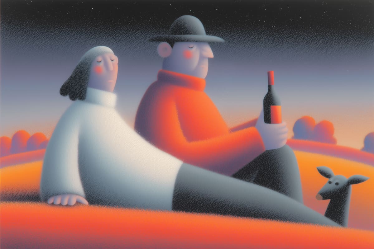 Twilight Companions at Rest - A contemplative scene of two figures sharing a quiet moment beneath a starlit sky, accompanied by wine and a loyal dog, rendered in a distinctive soft-sculptural style.