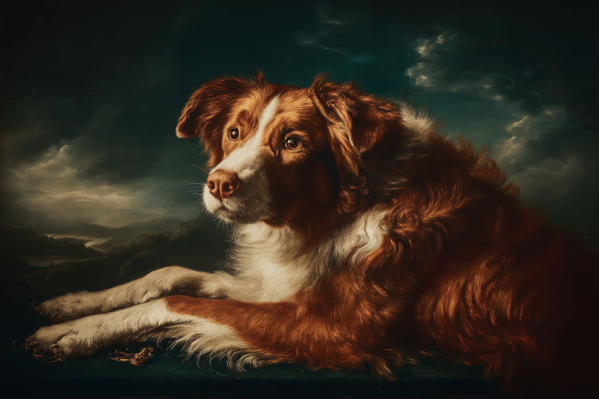 Noble Companion in Repose - A majestic red and white dog gazes thoughtfully against dramatic stormy skies in this timeless portrait.