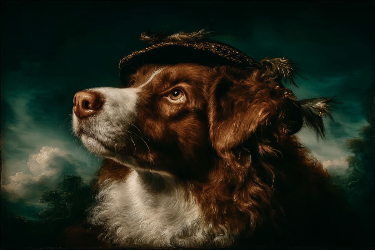 The Gentleman Spaniel - A regal brown and white spaniel gazes nobly into the distance, crowned with an ornate feathered hat in the tradition of classical portraiture.