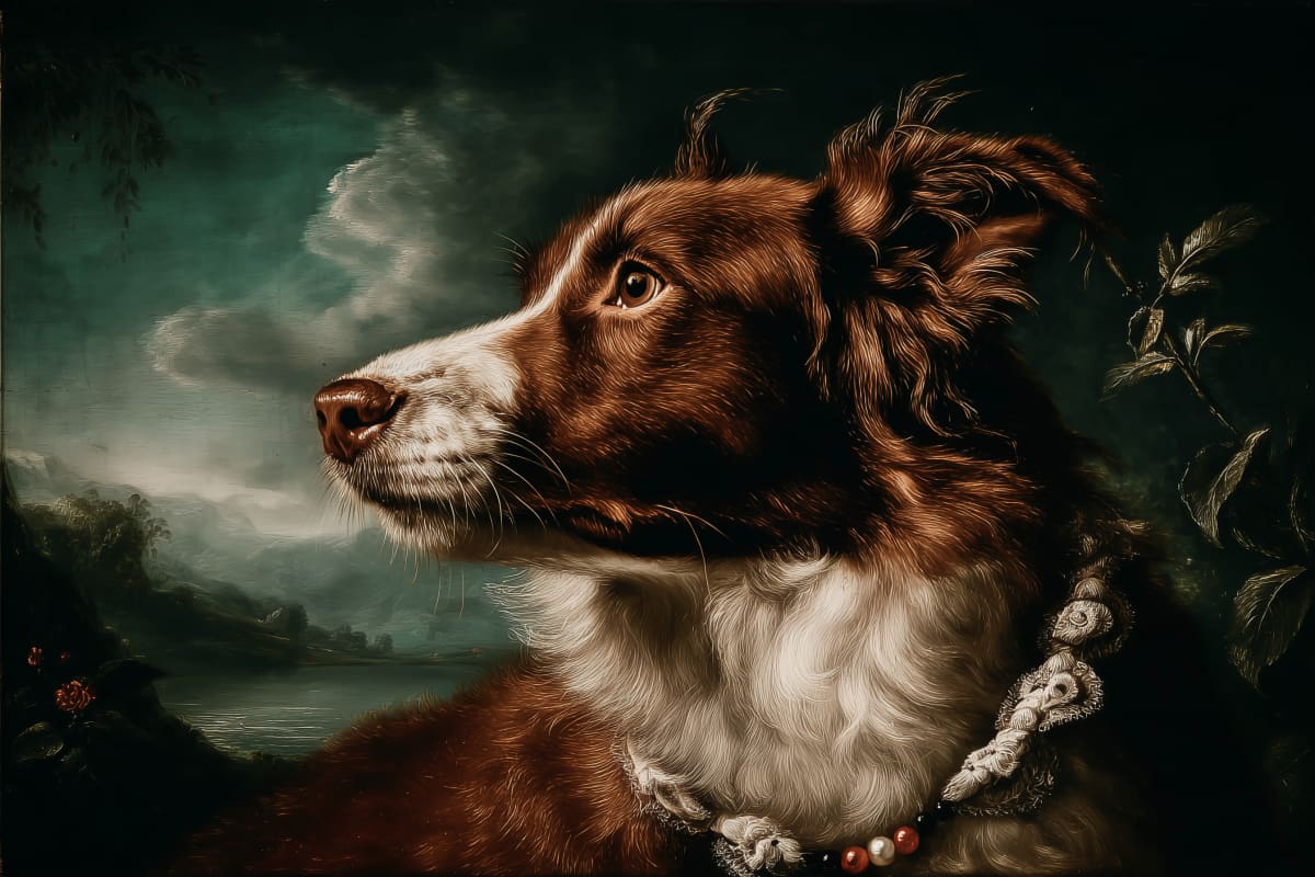 Noble Vigil in Twilight - A masterful portrait capturing a Border Collie's alert nobility against a dramatic Old Master landscape.
