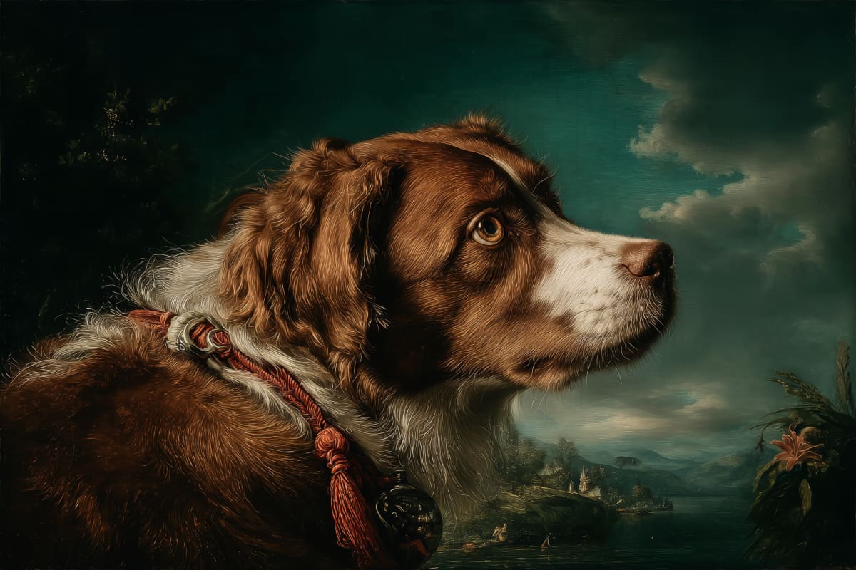 Noble Spaniel in Pastoral Repose - A distinguished hunting spaniel gazes across a romantic landscape in this masterful old-world portrait.