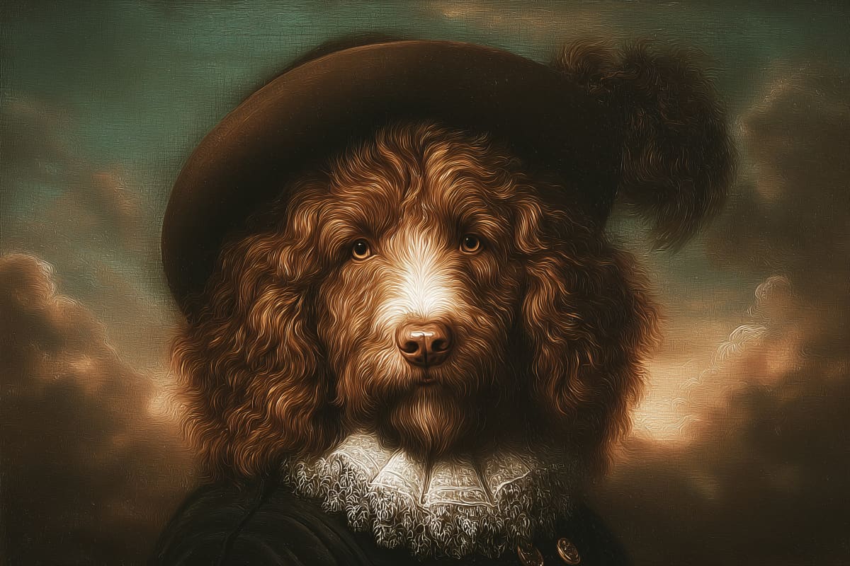 The Distinguished Cavalier - A regal portrait where baroque elegance meets beloved companion in masterful oil painting tradition.