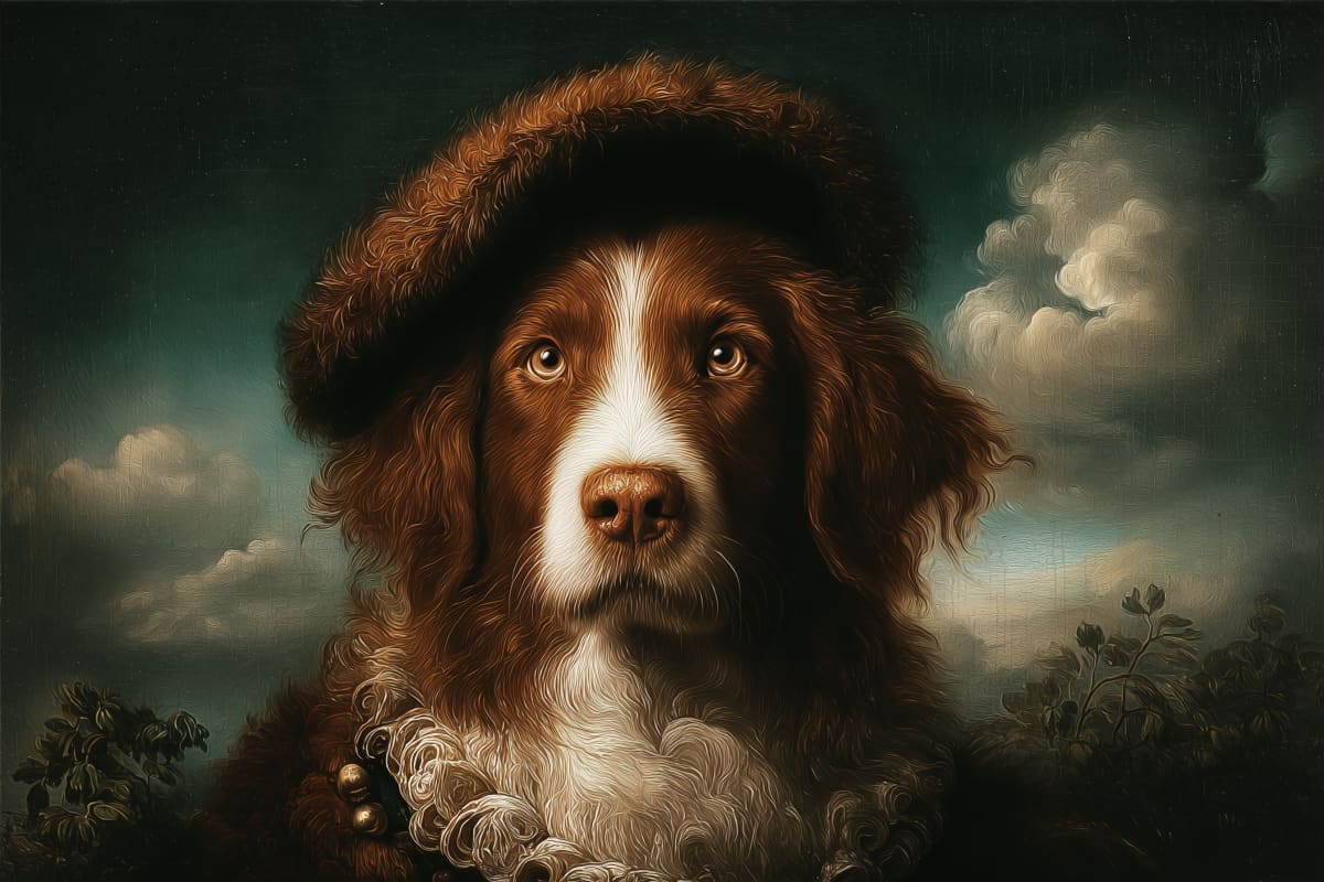 The Admiral's Loyal Companion - A noble springer spaniel gazes with soulful devotion beneath dramatic storm clouds in this masterful oil portrait.