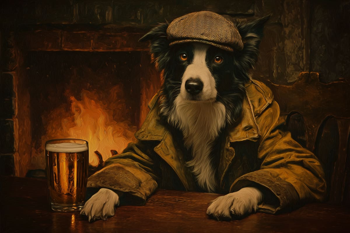 The Gentleman's Repose - A distinguished Border Collie enjoys a quiet moment by the fireside, dressed in rustic elegance.