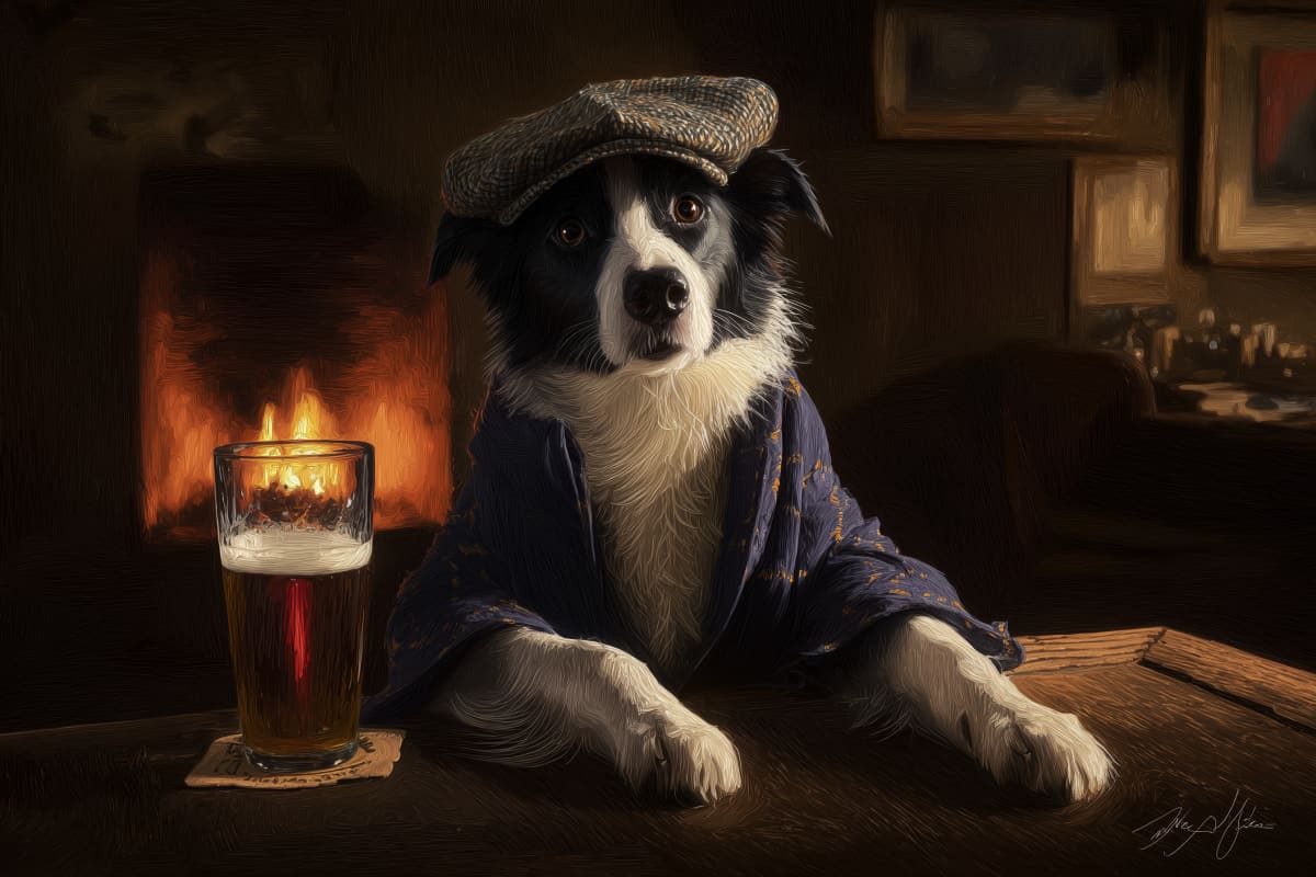The Gentleman's Repose - A distinguished Border Collie enjoys a quiet evening by the fireside in this warmly atmospheric portrait.