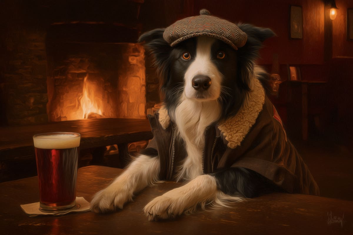 The Gentleman's Fireside Companion - A distinguished Border Collie enjoys a contemplative moment by the hearth in this warmly atmospheric portrait.