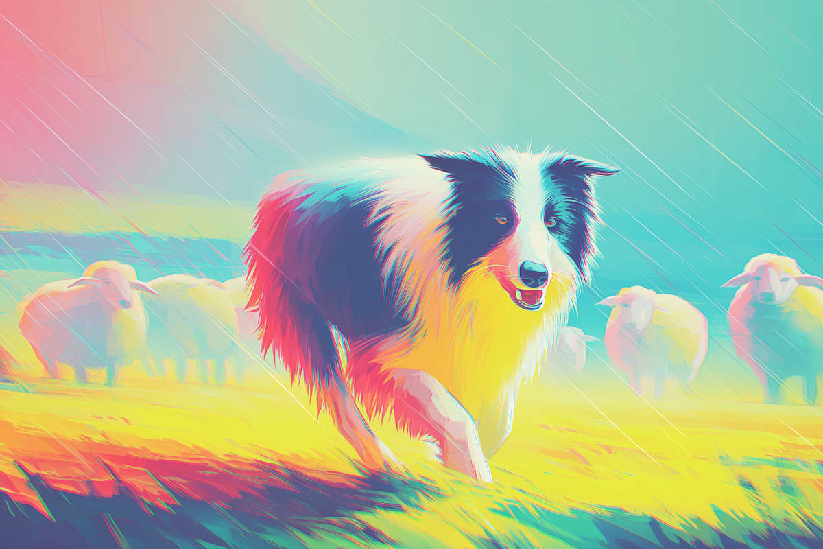 Guardian of the Pasture - A Border Collie races through vibrant pastoral fields in this stunning neon-hued contemporary illustration.