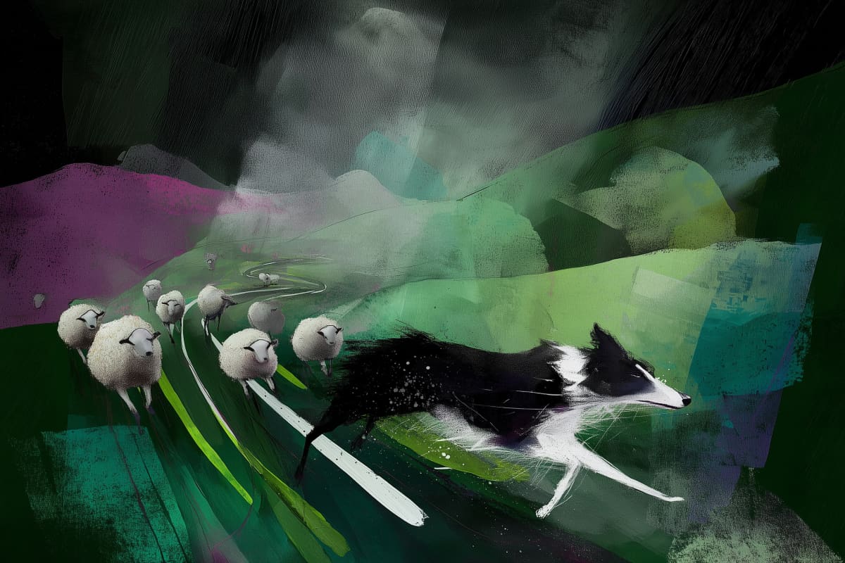 Guardian of the Emerald Hills - A Border Collie leads its flock through misty highlands in this atmospheric contemporary painting.