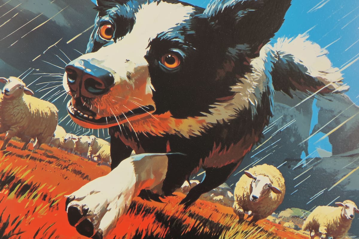 Guardian of the Flock - A striking vintage-style portrait captures a vigilant border collie amid dramatic pastoral scenery.