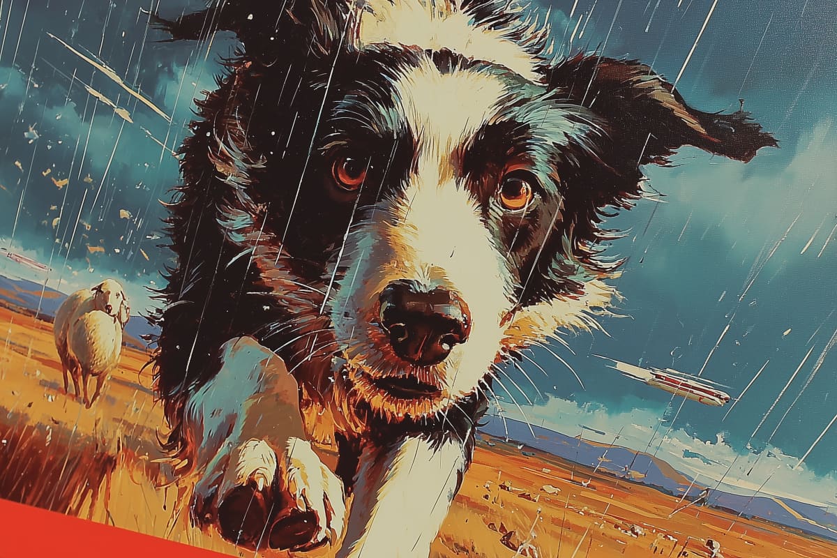 Steadfast Guardian in the Storm - A striking border collie portrait captures unwavering loyalty amid dramatic coastal weather in bold, expressive brushwork.