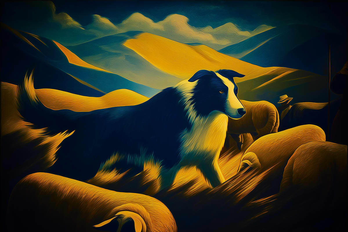 Guardian of Golden Hills - A majestic border collie stands sentinel against luminous mountains in this striking contemporary digital artwork.