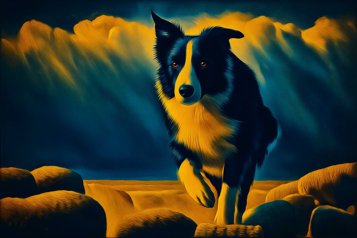 Guardian of Golden Fields - A magnificent Border Collie emerges from luminous golden wheat fields in this striking contemporary digital artwork.