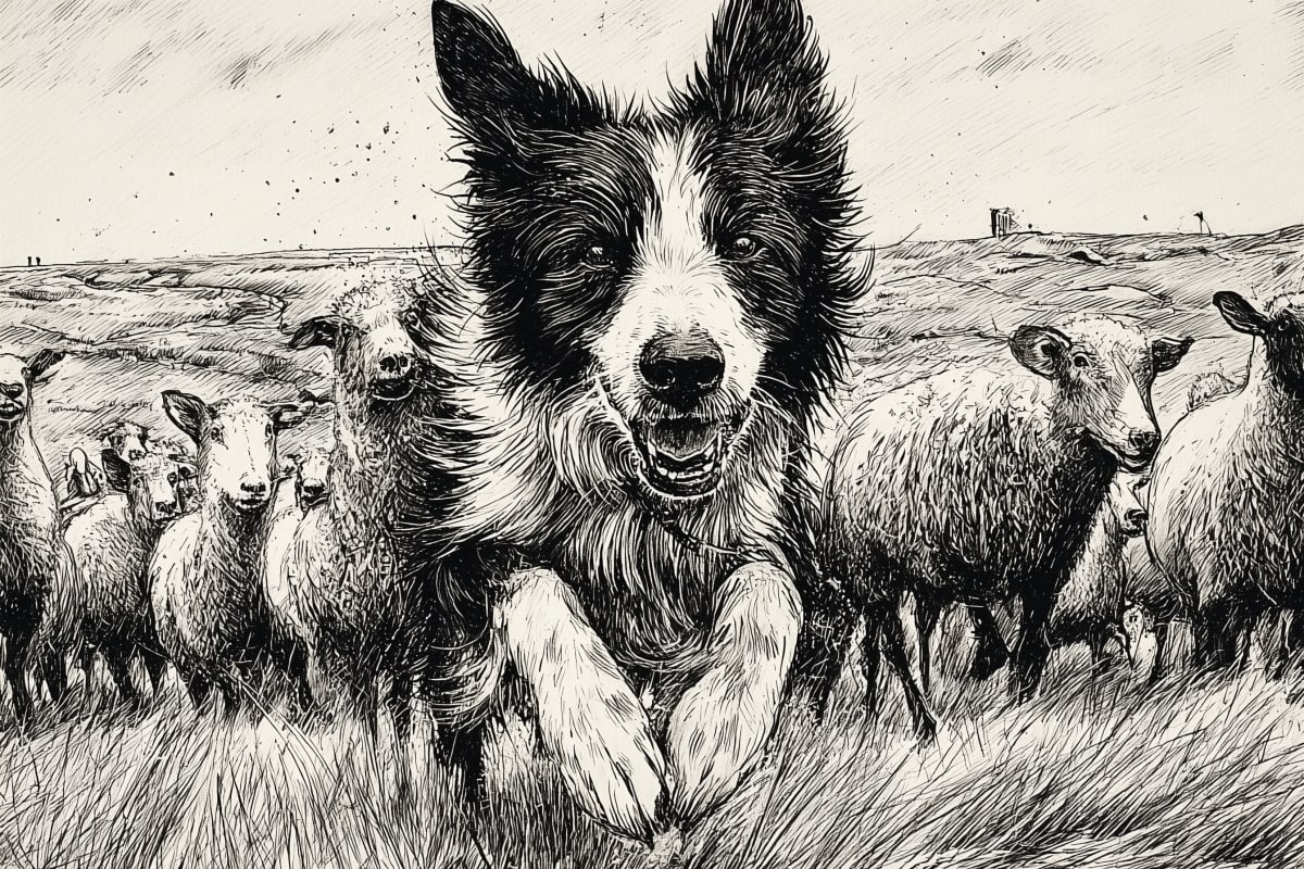Guardian of the Flock - A magnificent Border Collie charges forward with intense focus, commanding a pastoral scene rendered in masterful pen and ink.