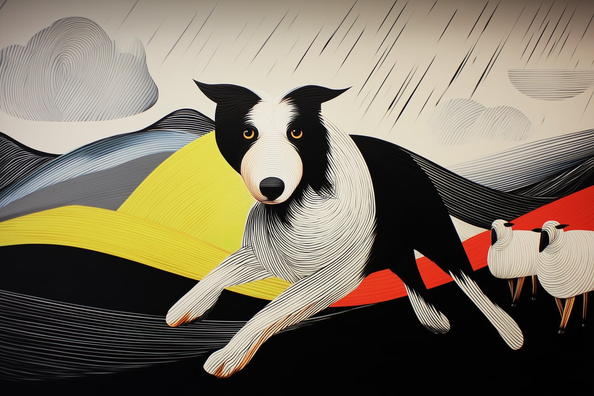 Guardian of the Golden Hills - A striking Border Collie rendered in elegant linear art presides over undulating pastoral landscapes with distinctive modernist flair.