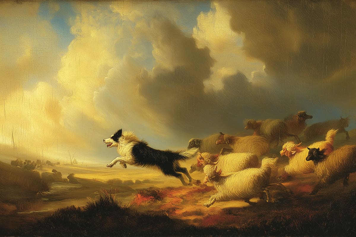 Guardian of the Golden Flock - A masterful pastoral scene capturing a herding dog in dynamic action beneath dramatic storm-lit skies.