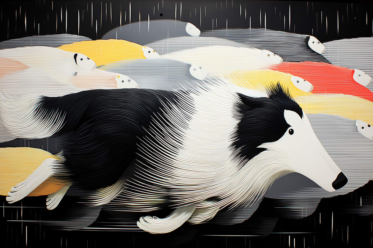 Flight Through the Storm - A Border Collie races through a surreal landscape of flowing lines and ethereal companions in this stunning contemporary illustration.