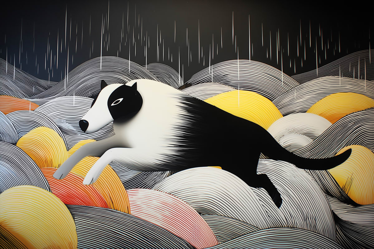Dreams in Motion: Racing Through Rain - A striking black and white dog leaps through stylized waves beneath falling rain in this contemporary linear art piece.