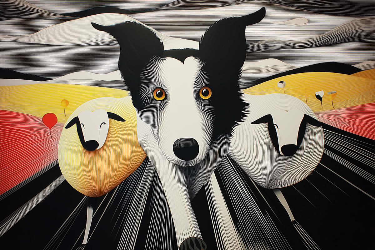 Guardian of the Pastoral Plains - A striking border collie rendered in dramatic line work emerges from a sweeping landscape of golden fields and crimson horizons.