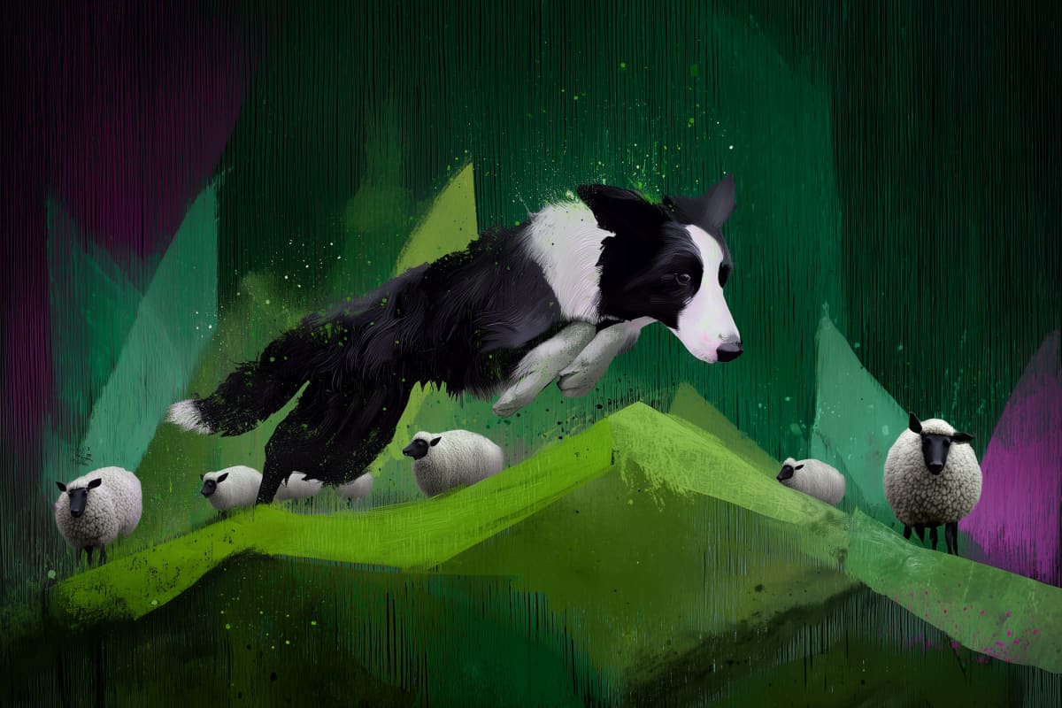 Guardian's Leap Through Pastoral Dreams - A Border Collie soars through an abstract mountainous landscape, commanding a flock with athletic grace and instinctive purpose.