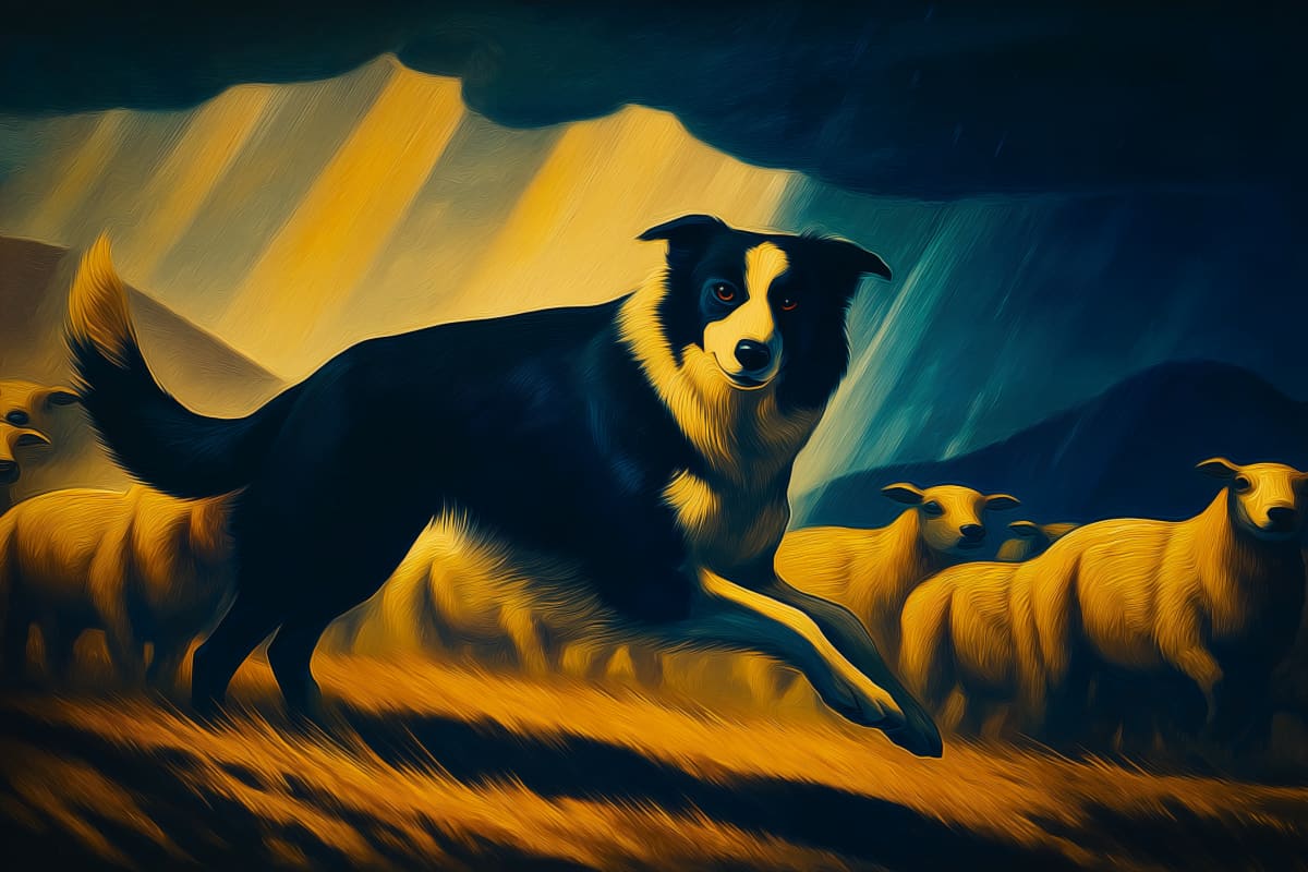 Guardian of the Golden Hills - A majestic Border Collie commands the sunlit mountainside where sheep graze in luminous harmony.