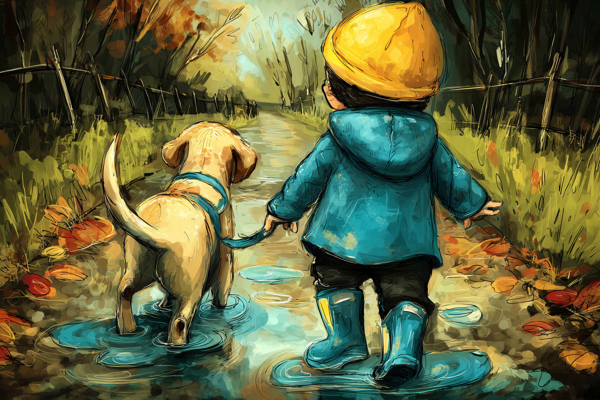 Golden Afternoon Wanderers - A child in teal wellies and their chocolate Labrador venture down an autumn lane dappled in golden light and rustic hues.