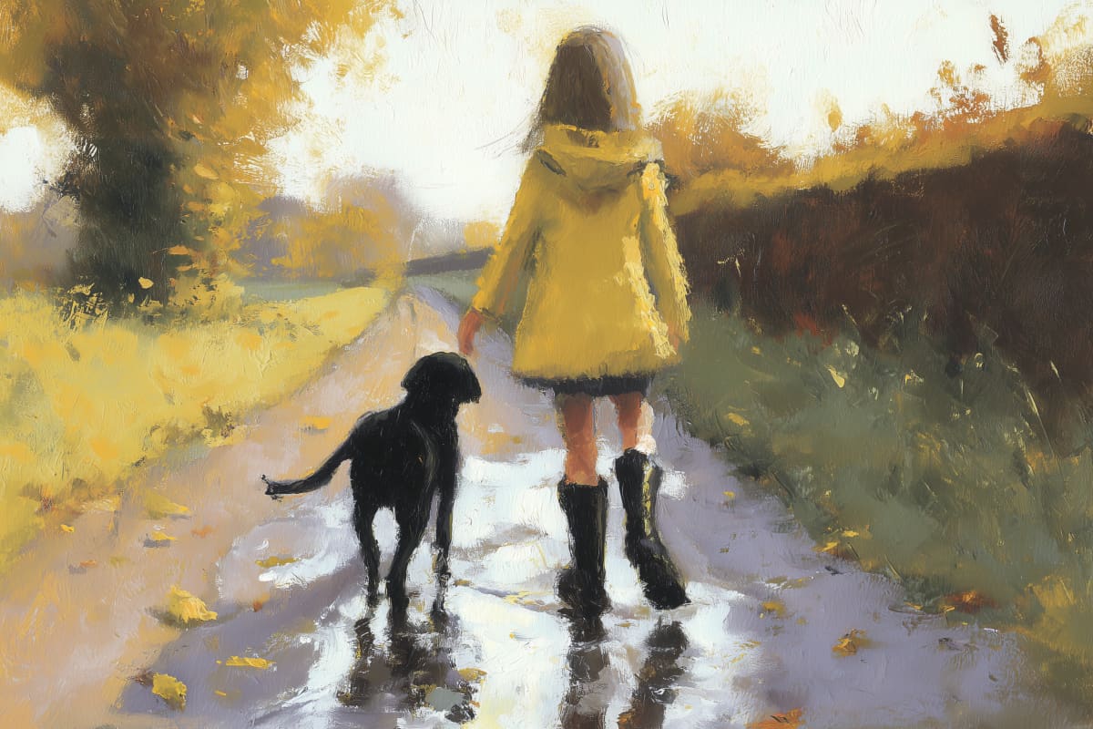 Golden Autumn Companion - A woman in a yellow coat walks with a black dog along a wet country path on an autumn day.