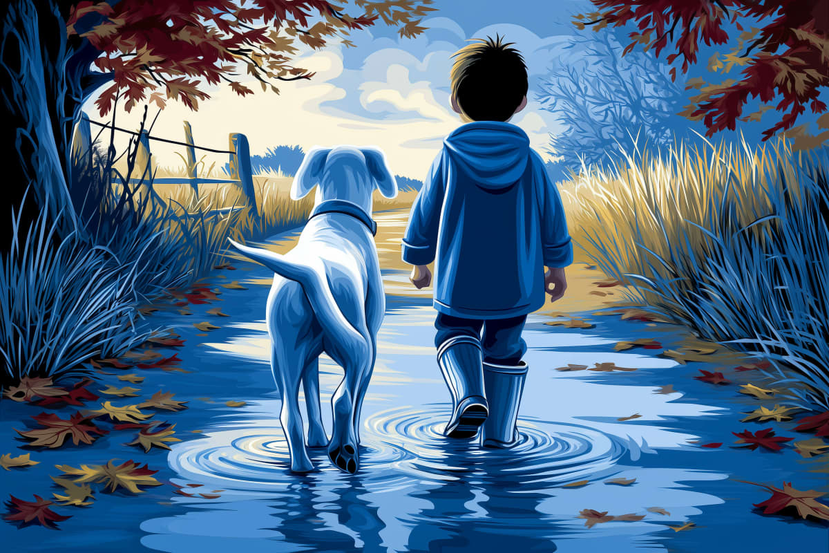 Autumn Path with Loyal Companion - A child and their faithful dog venture together down a golden autumn path, rendered in luminous blues and warm fall tones.