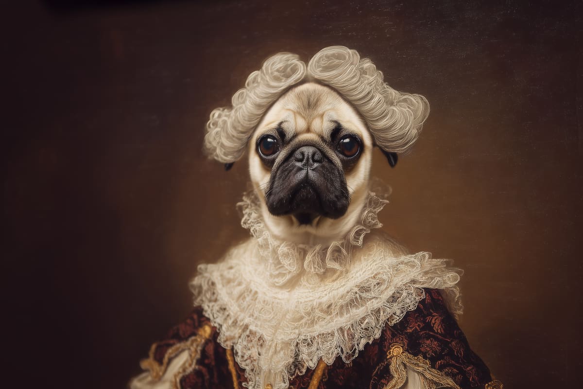 Regal Pug Portrait - A pug wearing an ornate powdered wig and elaborate Renaissance-era collar against a warm, classical backdrop.