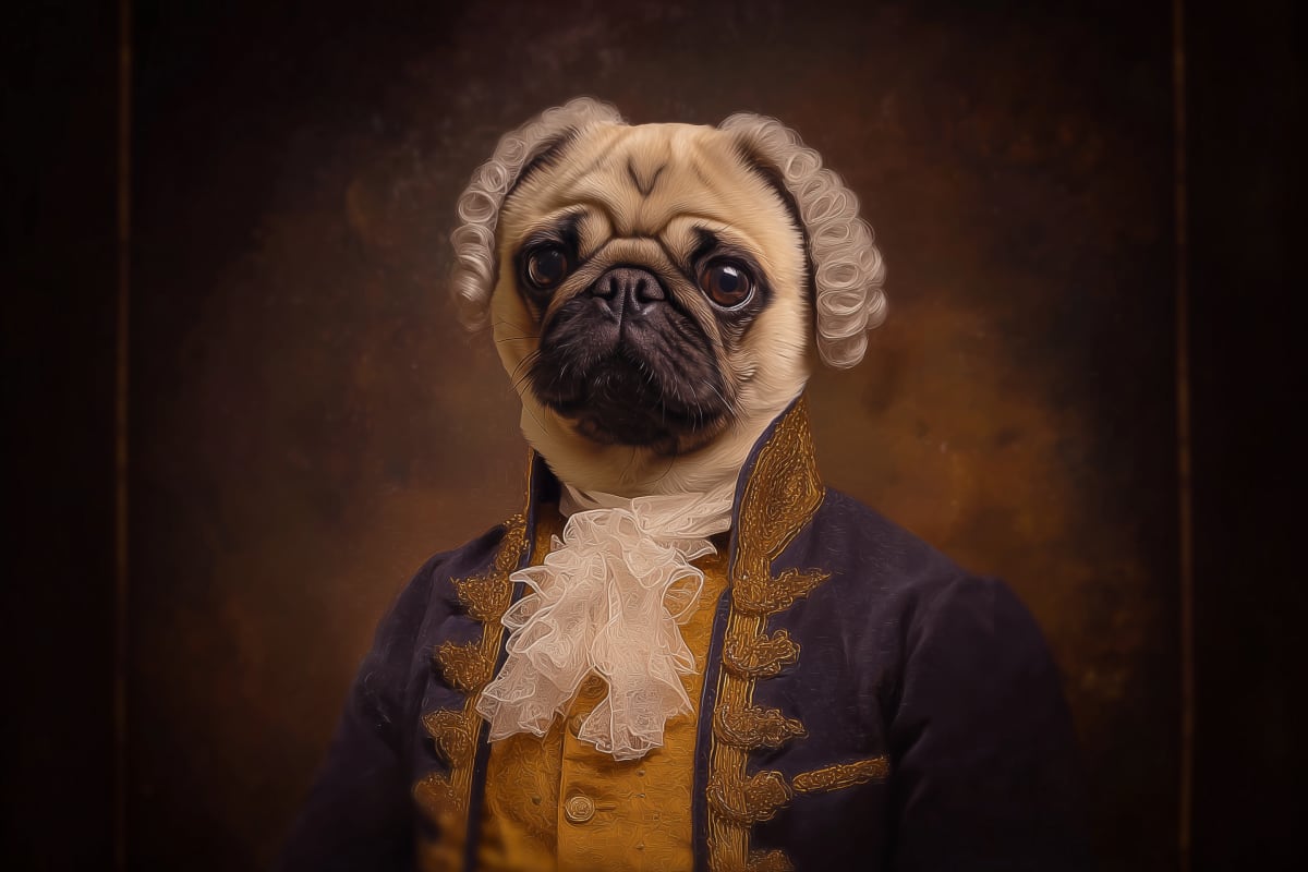 The Distinguished Gentleman - A pug wearing an elaborate 18th-century powdered wig and gold-embroidered waistcoat, portrayed in classical portrait style against warm background.