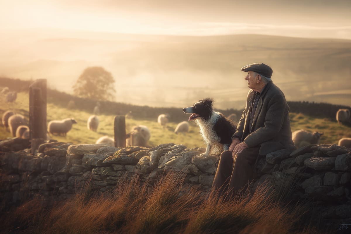 Shepherd's Golden Hour Vigil - A weathered shepherd and his loyal Border Collie share a moment of quiet companionship at sunset amid rolling pastoral hills.