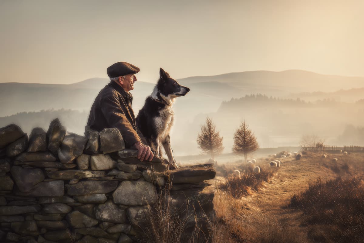 Shepherd's Vigil at Dawn - A timeless portrait of partnership between shepherd and sheepdog overlooking misty pastoral hills.