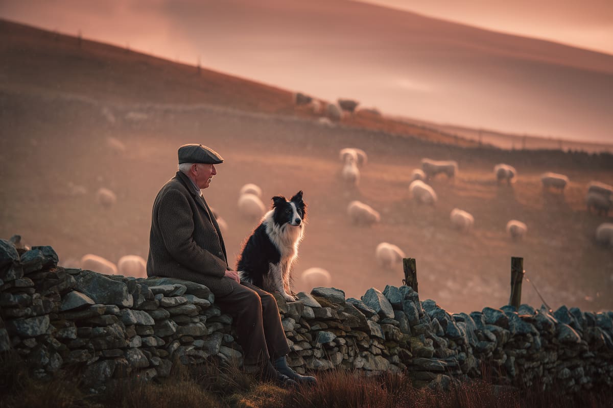 Shepherd's Twilight Vigil - A weathered shepherd and his loyal Border Collie rest upon ancient stone walls as their flock grazes in the golden evening mist.