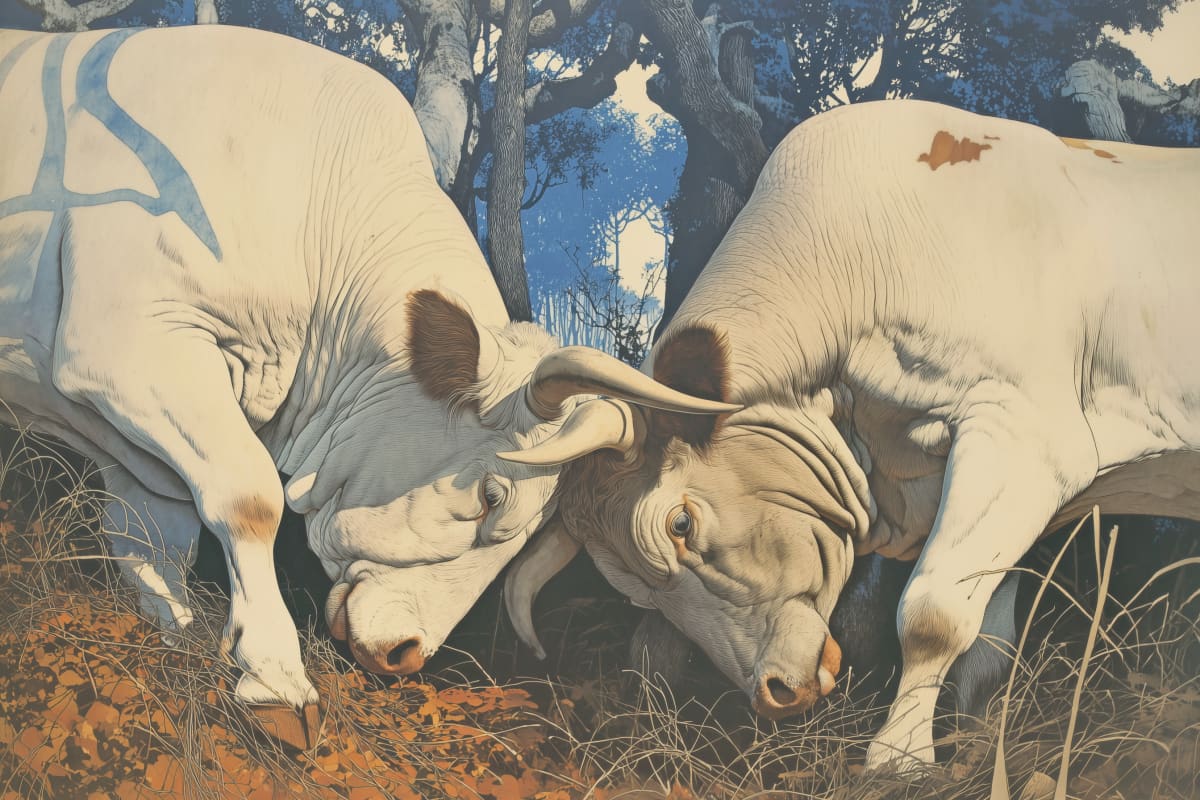 Trial of Strength - Two powerful bulls locked in an age-old contest of dominance, their muscular forms intertwined beneath weathered trees in a landscape of earth and sky.