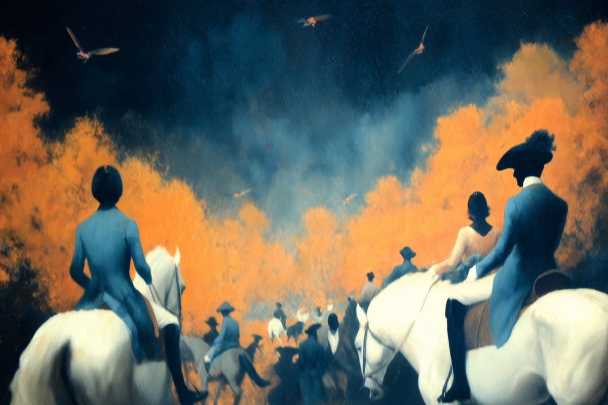 Riders at Dawn - Silhouetted equestrians journey through dramatic orange and blue clouds as birds soar overhead in ethereal light.